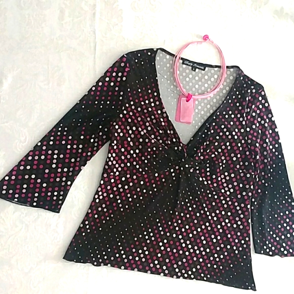 Simply Irresistible black V-neck top with pink and brown dots, in size Large